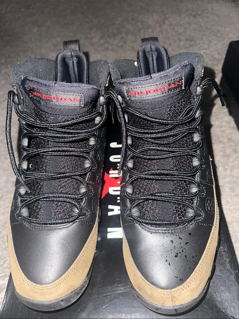 Jordan 9 Retro Men's Black and Tan with Red Accents